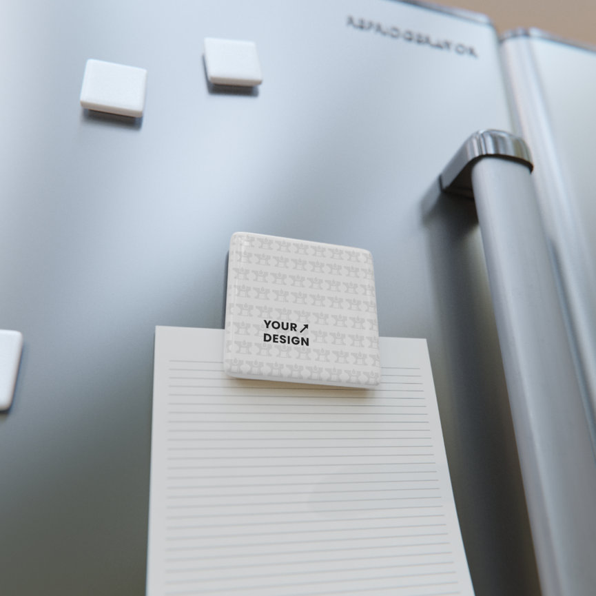 Custom printed magnet on a refrigerator